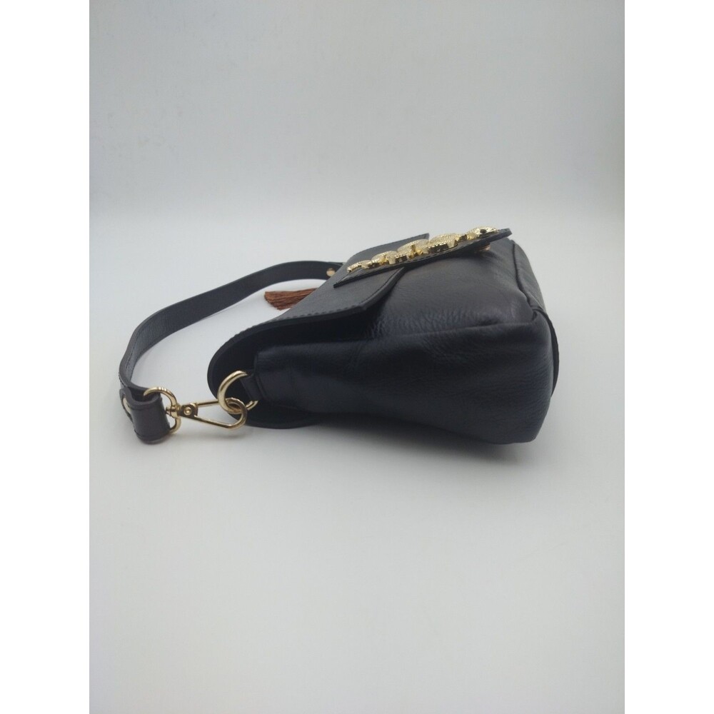 House of Harlow 60s Black Handbag Genuine Leather Purse Italy Gold Snake Accent - Picture 4 of 16